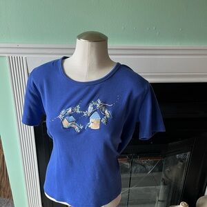 Blue Women's Top with Birdhouse Design